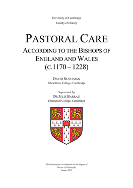 Pastoral Care According to the Bishops of England and Wales (C.1170 – 1228)