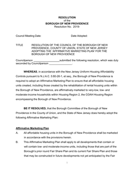 RESOLUTION of the BOROUGH of NEW PROVIDENCE Resolution No