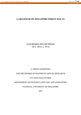 A Grammar of Singapore Indian Malay Sasi Rekha D/O