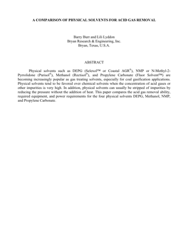 A Comparison of Physical Solvents for Acid Gas Removal