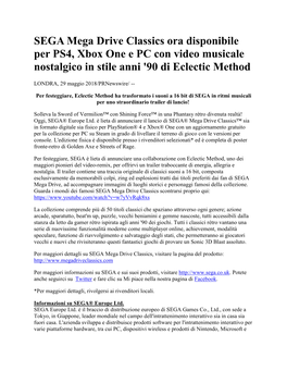 SEGA Mega Drive Classics Ora Disponibile Per PS4, Xbox One E PC Con Video Musicale Nostalgico in Stile Anni '90 Di Eclectic Method
