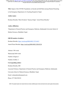 Impact of the COVID-19 Pandemic on Suicide and Self Harm Among Patients Presenting