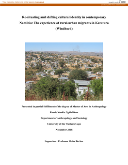 Re-Situating and Shifting Cultural Identity in Contemporary Namibia: the Experience of Rural- Urban Migrants in Katutura (Windhoek)