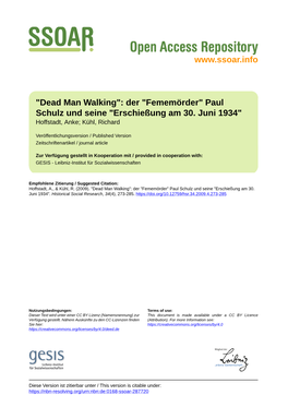 "Fememörder" Paul Schulz Und Seine "Erschießung Am 30. Juni 1934" Hoffstadt, Anke; Kühl, Richard