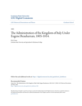 The Administration of the Kingdom of Italy Under Eugene Beauharnais, 1805-1814