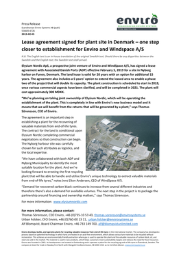 Lease Agreement Signed for Plant Site in Denmark – One Step Closer to Establishment for Enviro and Windspace A/S N.B