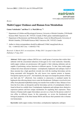 Multi-Copper Oxidases and Human Iron Metabolism