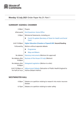 Monday 12 July 2021 Order Paper No.31: Part 1 SUMMARY AGENDA