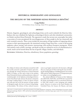HISTORICAL DEMOGRAPHY and GENEALOGY the DECLINE of the NORTHERN KENAI PENINSULA DENA LINA Craig Mishler