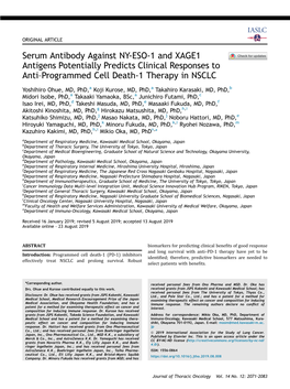 Serum Antibody Against NY-ESO-1 and XAGE1 Antigens Potentially Predicts Clinical Responses to Anti-Programmed Cell Death-1 Thera