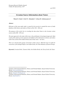 Livonian Source Information About Tatars