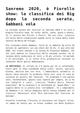 Sanremo 2020, È Fiorello Show: La Classifica Dei Big Dopo La Seconda Serata, Gabbani Vola