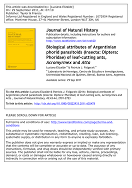 Biological Attributes of Argentinian Phorid Parasitoids (Insecta: Diptera: Phoridae) of Leaf-Cutting Ants, Acromyrmex and Atta Luciana Elizalde a & Patricia J