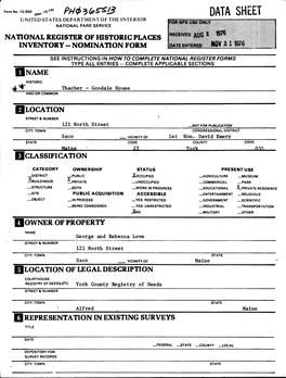 Data Sheet United States Department of the Interior National Park Service National Register of Historic Places Inventory -- Nomination Form