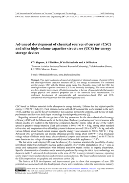 Advanced Development of Chemical Sources of Current (CSC) and Ultra High-Volume Capacitor Structures (UCS) for Energy Storage Devices