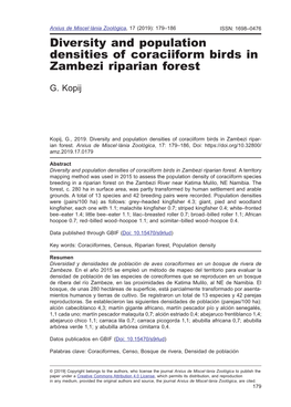 Diversity and Population Densities of Coraciiform Birds in Zambezi Riparian Forest