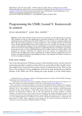 Programming the USSR: Leonid V. Kantorovich in Context