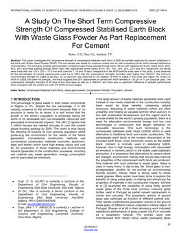 A Study on the Short Term Compressive Strength of Compressed Stabilised Earth Block with Waste Glass Powder As Part Replacement for Cement