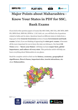 Major Points About Maharashtra - Know Your States in PDF for SSC, Bank Exams