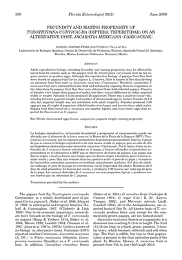 Fecundity and Mating Propensity of Toxotrypana Curvicauda (Diptera: Tephritidae) on an Alternative Host, Jacaratia Mexicana (Caricaceae)