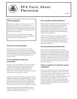 Factsheet: Epa Facts About Plutonium