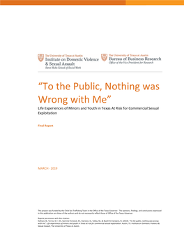 “To the Public, Nothing Was Wrong with Me” Life Experiences of Minors and Youth in Texas at Risk for Commercial Sexual Exploitation