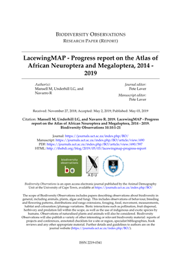 Progress Report on the Atlas of African Neuroptera and Megaloptera, 2014 - 2019