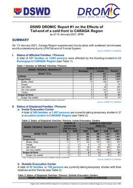 DSWD DROMIC Report #1 on the Effects of Tail-End of a Cold Front in CARAGA Region As of 14 January 2021, 6PM