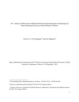 Analysis of Effectiveness of Modern Information and Communication Technologies on Maize Marketing Efficiency in Selected Markets of Malawi