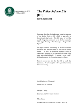 The Police Reform Bill 14 MARCH 2002 [HL] Bill 48 of 2001-2002