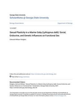 Sexual Plasticity in a Marine Goby (Lythrypnus Dalli): Social, Endocrine, and Genetic Influences on Functional