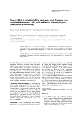 Record of Living Individual of the Freshwater Snail Gyraulus Ross- Maessleri (Auerswald, 1852) in Slovakia After Thirty-Eight Years (Gastropoda: Planorbidae)