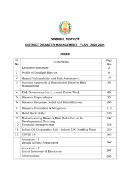 District Disaster Man Dindigul District Rict Disaster Management Plan