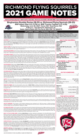 Binghamton Rumble Ponies (16-31) Vs. Richmond Flying Squirrels (26-23) RHP Adam Oller (1-3, 5.75) Vs