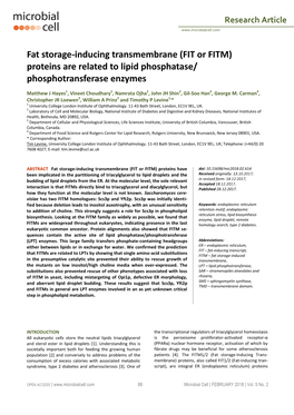 Fat Storage-Inducing Transmembrane (FIT Or FITM) Proteins Are Related to Lipid Phosphatase/ Phosphotransferase Enzymes