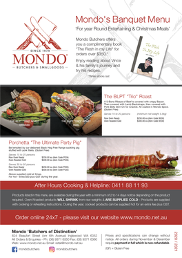 Mondo's Banquet Menu ‘For Year Round Entertaining & Christmas Meals’