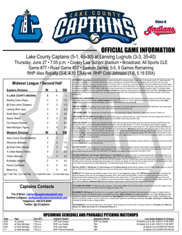OFFICIAL GAME INFORMATION Lake County Captains (5-1, 45-30) at Lansing Lugnuts (3-3, 35-40) Thursday, June 27 • 7:05 P.M