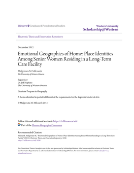 Emotional Geographies of Home: Place Identities Among Senior Women Residing in a Long-Term Care Facility Malgorzata M