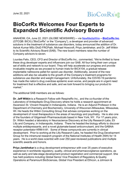 Biocorrx Welcomes Four Experts to Expanded Scientific Advisory Board