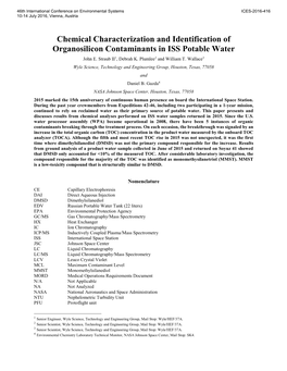 Chemical Characterization and Identification of Organosilicon Contaminants in ISS Potable Water John E