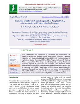 Evaluation of Different Botanicals Against Red Pumpkin Beetle, Aulacophora Foveicollis Lucas Infesting Cucumber