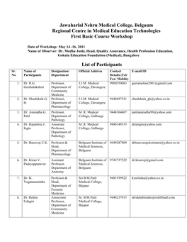 Jawaharlal Nehru Medical College, Belgaum Regional Centre in Medical Education Technologies First Basic Course Workshop