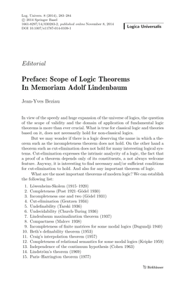 Preface: Scope of Logic Theorems in Memoriam Adolf Lindenbaum