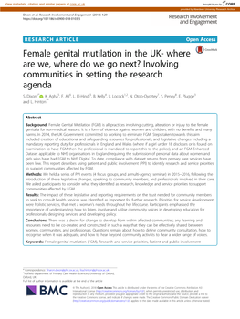 Female Genital Mutilation in the UK- Where Are We, Where Do We Go Next? Involving Communities in Setting the Research Agenda S