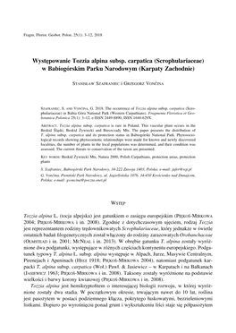 Występowanie Tozzia Alpina Subsp. Carpatica (Scrophulariaceae) W Babiogórskim Parku Narodowym (Karpaty Zachodnie)