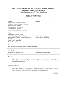 GREATER SUDBURY POLICE SERVICES BOARD MEETING Wednesday April 4, 2012– 4:30 P.M