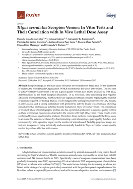 Tityus Serrulatus Scorpion Venom: in Vitro Tests and Their Correlation with in Vivo Lethal Dose Assay