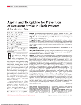 Aspirin and Ticlopidine for Prevention of Recurrent Stroke in Black Patients a Randomized Trial