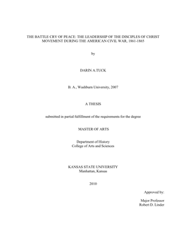 The Battle Cry of Peace: the Leadership of the Disciples of Christ Movement During the American Civil War, 1861-1865