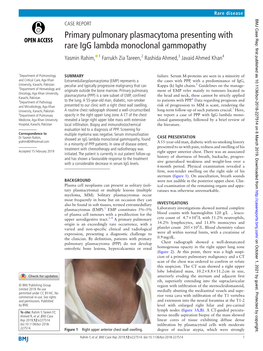 Primary Pulmonary Plasmacytoma Presenting with Rare Igg Lambda Monoclonal Gammopathy Yasmin Rahim, 1 Farrukh Zia Tareen,2 Rashida Ahmed,3 Javaid Ahmed Khan4